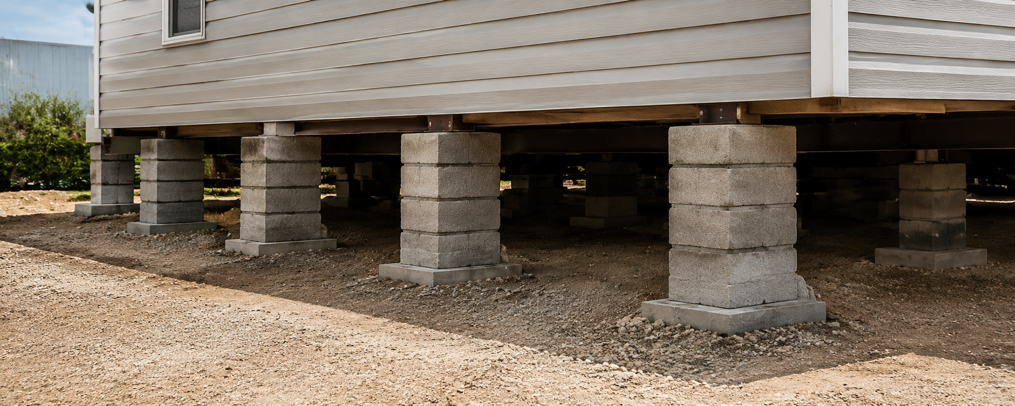 Concrete block pier foundation system installed beneath a manufactured home