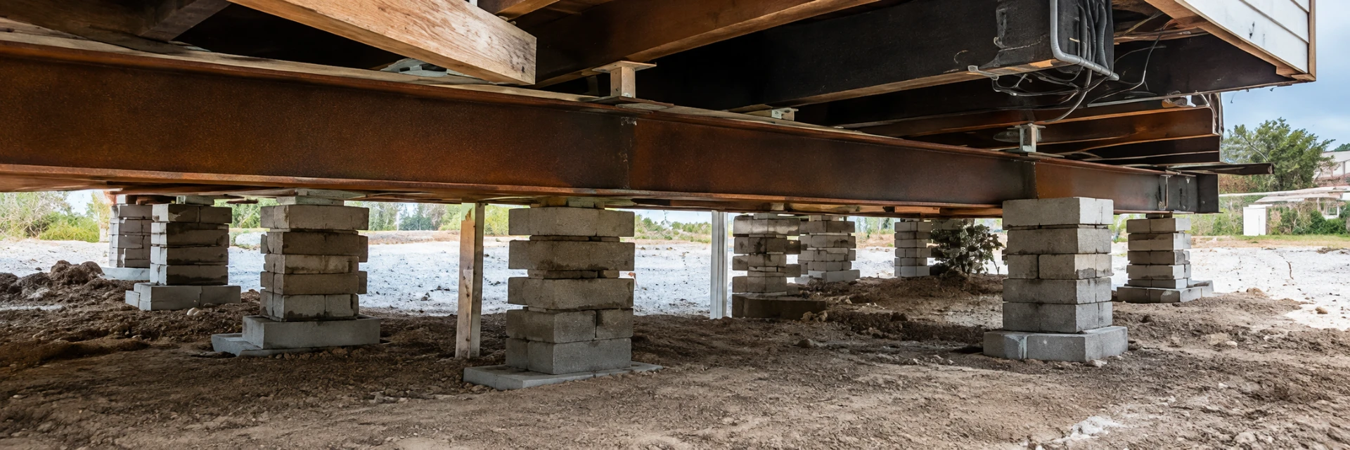 Steel beams and pier supports beneath a manufactured home during leveling work