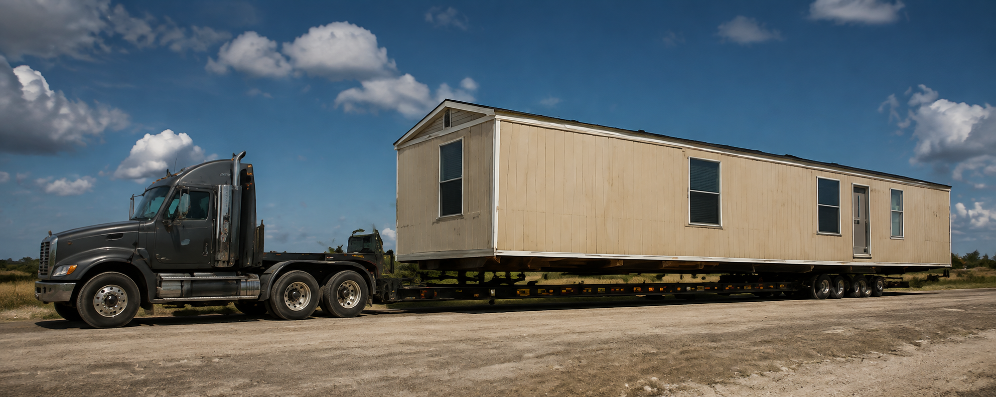 Manufactured home loaded on a truck during transport